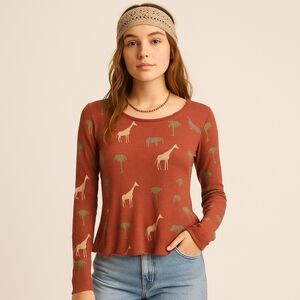 Wildfox Giraffe & Palm Tree Print Burnt Orange Long Sleeve Tee – Size XS